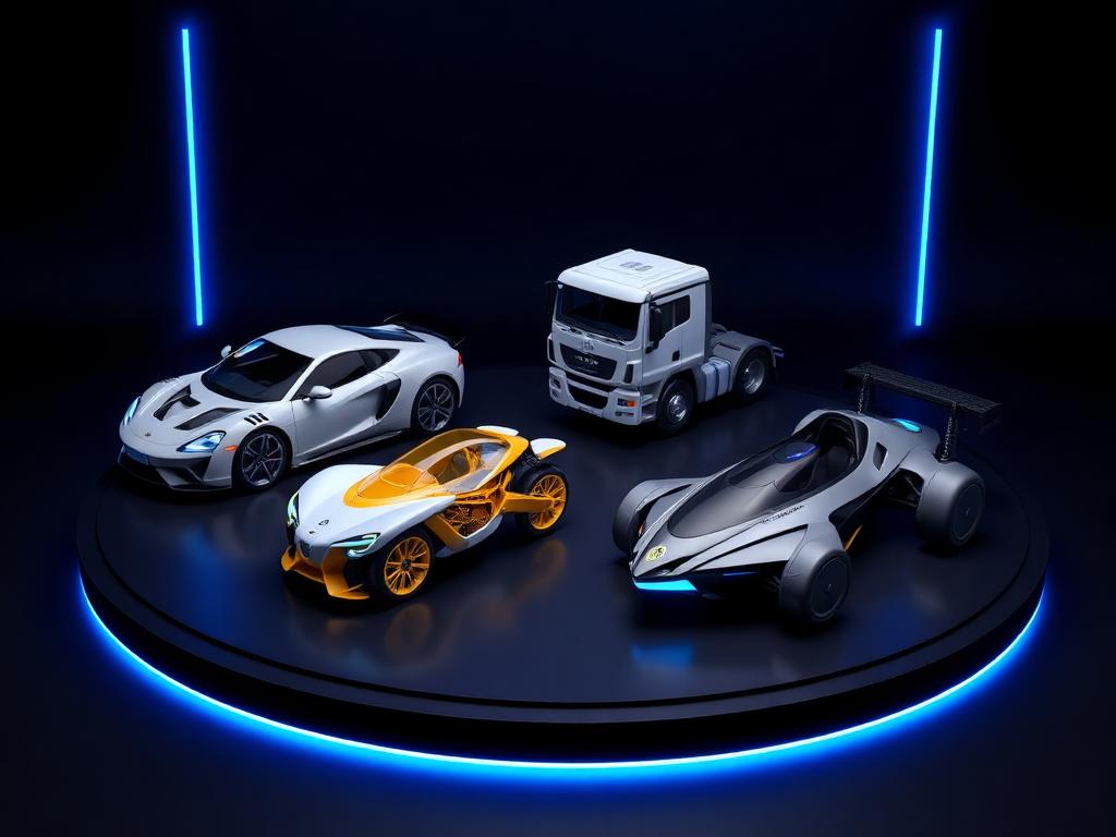 Vehicles — printable 3D models including Sports car، Truck، Bike، Futuristic craft